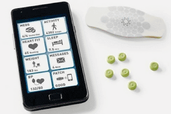 Image: The Ingestion Event Marker system involves a sand grain-sized device (inside a pill) can transmit (via a skin patch) information about the patient to a phone app. (Photo courtesy of Proteus Digital Health).